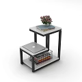 Multi Tier Side Table with Black Frame White Top Photo Frame Cup Flowers Wicker Basket 3d model