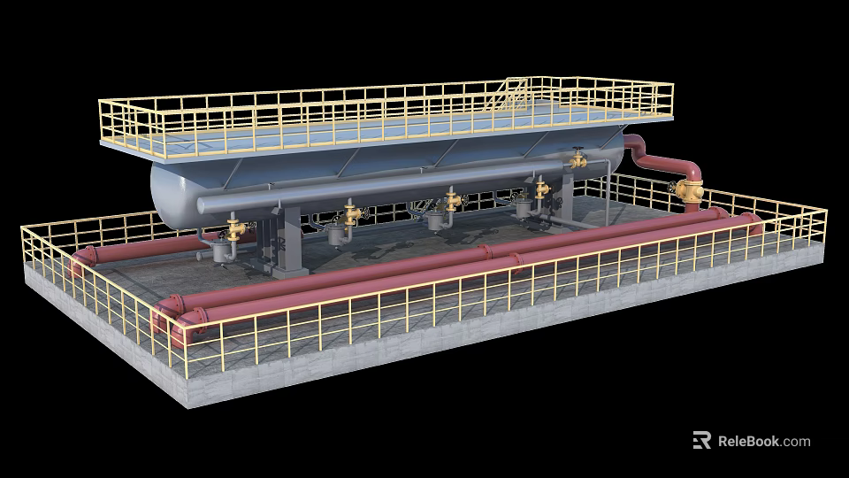 Industrial Equipment with Large Storage Tank Red Pipelines Yellow Railings and Platform Structure 3d model 