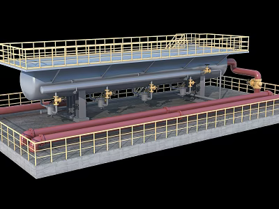 Industrial Equipment with Large Storage Tank Red Pipelines Yellow Railings and Platform Structure 3d model