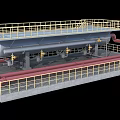 Industrial Equipment with Large Storage Tank Red Pipelines Yellow Railings and Platform Structure