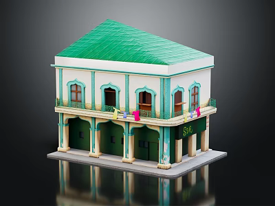 Two Story Building Model Featuring Green Roof White Walls Arched Windows Balcony And Green Doors 3d model
