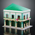 Two Story Building Model Featuring Green Roof White Walls Arched Windows Balcony And Green Doors