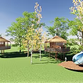 Garden Landscape Design With Green Trees Wooden Pavilions And Lawn Area