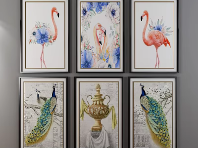 Decorative Animal Paintings with Flamingo Peacock and Floral Elements for Wall Art 3d model