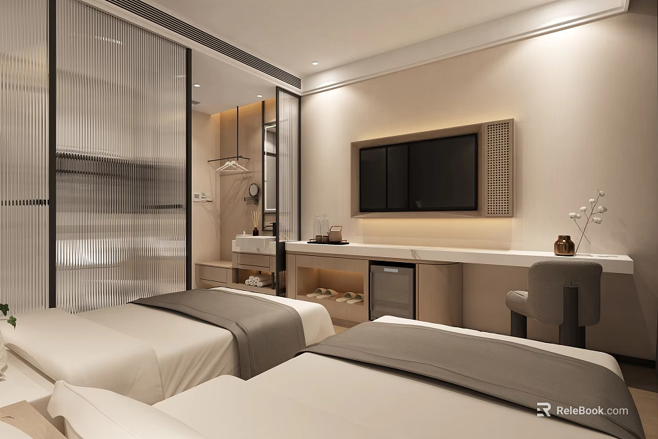 Modern Hotel Guest Room Interior With Double Beds Flat Screen TV And Glass Partition 3d model 