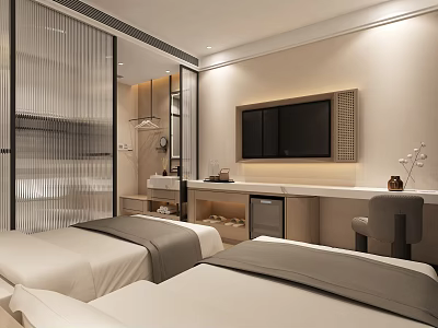 Modern Hotel Guest Room Interior With Double Beds Flat Screen TV And Glass Partition 3d model