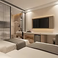 Modern Hotel Guest Room Interior With Double Beds Flat Screen TV And Glass Partition