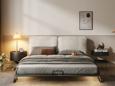 Modern Double Bed Design With Headboard Pillows Bedspread And Nightstands With Table Lamp Decorative Art 3d model