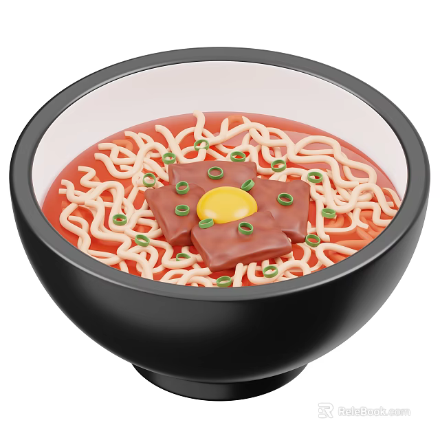 Ramen in Black Bowl with Red Broth White Noodles Fried Egg Chashu Pork Green Onions 3d model 