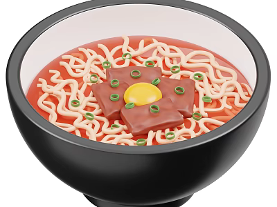 Ramen in Black Bowl with Red Broth White Noodles Fried Egg Chashu Pork Green Onions 3d model