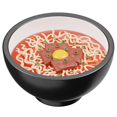 Ramen in Black Bowl with Red Broth White Noodles Fried Egg Chashu Pork Green Onions 3d model