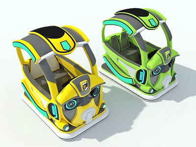 Fun Kids Bumper Cars With Yellow Green Colors Cartoon Eyes Transparent Canopy And Safety Seats 3d model