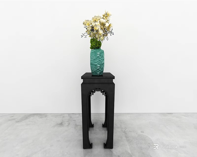 Black Chinese Style Coffee Table With Carved Legs Green Vase And Yellow Flowers 3d model 