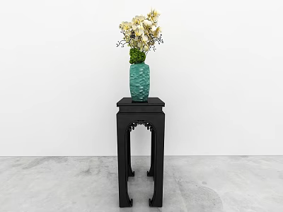 Black Chinese Style Coffee Table With Carved Legs Green Vase And Yellow Flowers 3d model