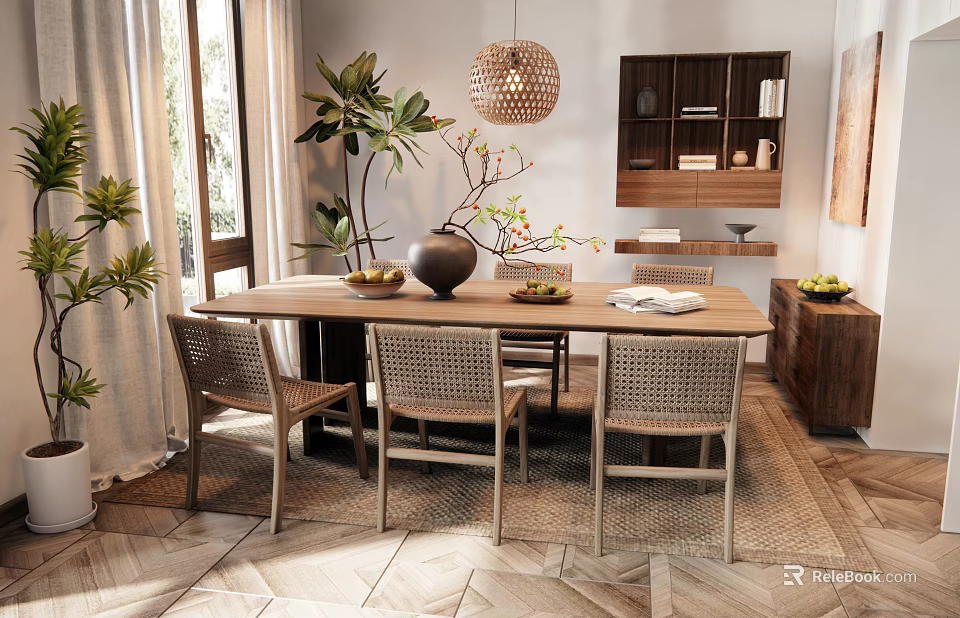 Modern Dining Room With Long Wooden Table Rattan Chairs Large Windows And Green Plants 3d model 