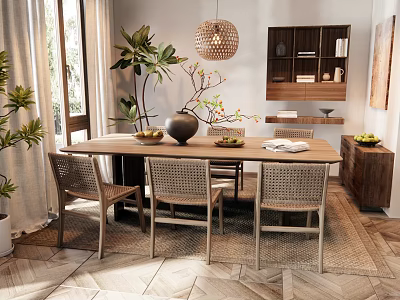 Modern Dining Room With Long Wooden Table Rattan Chairs Large Windows And Green Plants 3d model