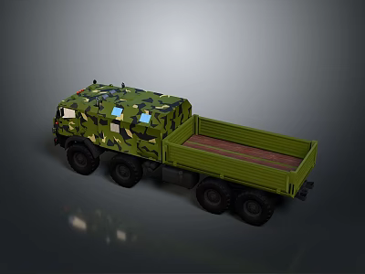 Camouflage Military Truck With Multi Wheel Design And Open Cargo Bed 3d model