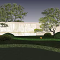 Modern Landscape Wall With White Stone Material Green Plants Trees Shrubs And Soft Lighting
