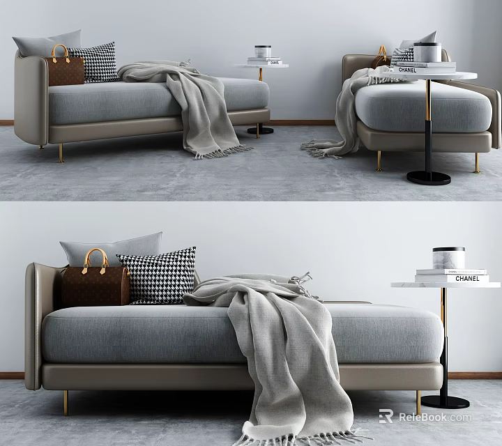 Elegant Gray Chaise Lounge Upholstered with Throw Pillows Blanket Gold Legs and Side Table 3d model 