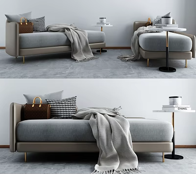 Elegant Gray Chaise Lounge Upholstered with Throw Pillows Blanket Gold Legs and Side Table 3d model