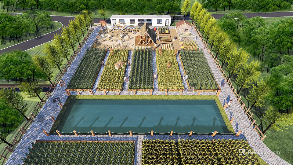 Rural Agricultural Park Layout With Organized Farm Fields Central Water Pond And Surrounding Trees 3d model 