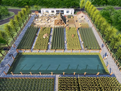 Rural Agricultural Park Layout With Organized Farm Fields Central Water Pond And Surrounding Trees 3d model
