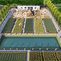 Rural Agricultural Park Layout With Organized Farm Fields Central Water Pond And Surrounding Trees