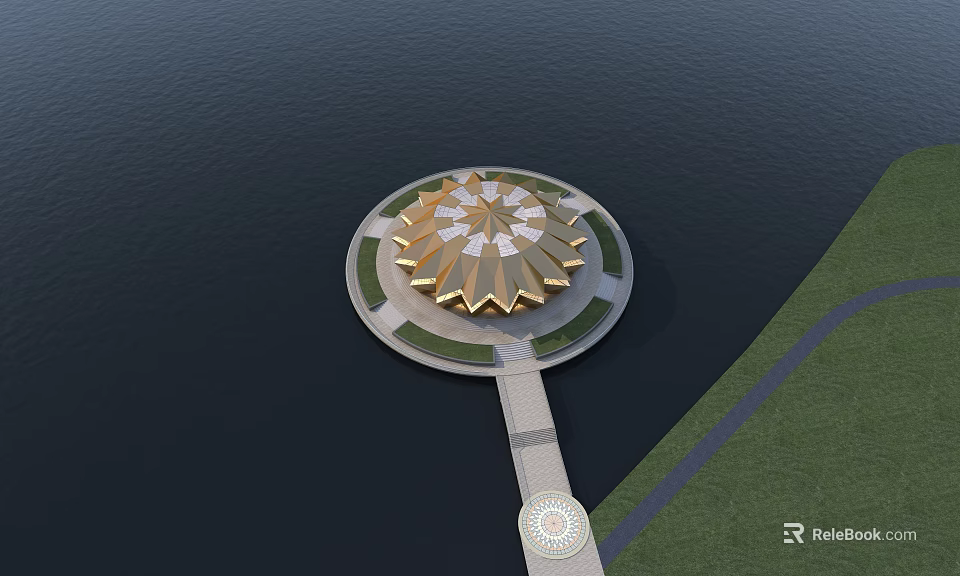 Golden Circular Building With Petal Roof On Waterfront And Green Lawn Pathway 3d model 