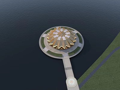 Golden Circular Building With Petal Roof On Waterfront And Green Lawn Pathway 3d model