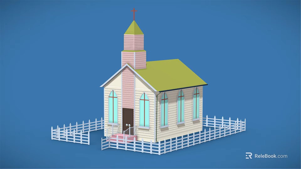 Cartoon Church Scene with Green Roof Pink Steeple Cross White Picket Fence on Blue Background 3d model 