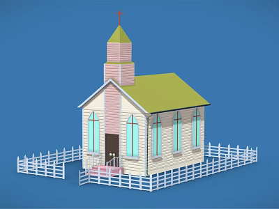 Cartoon Church Scene with Green Roof Pink Steeple Cross White Picket Fence on Blue Background 3d model