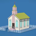 Cartoon Church Scene with Green Roof Pink Steeple Cross White Picket Fence on Blue Background