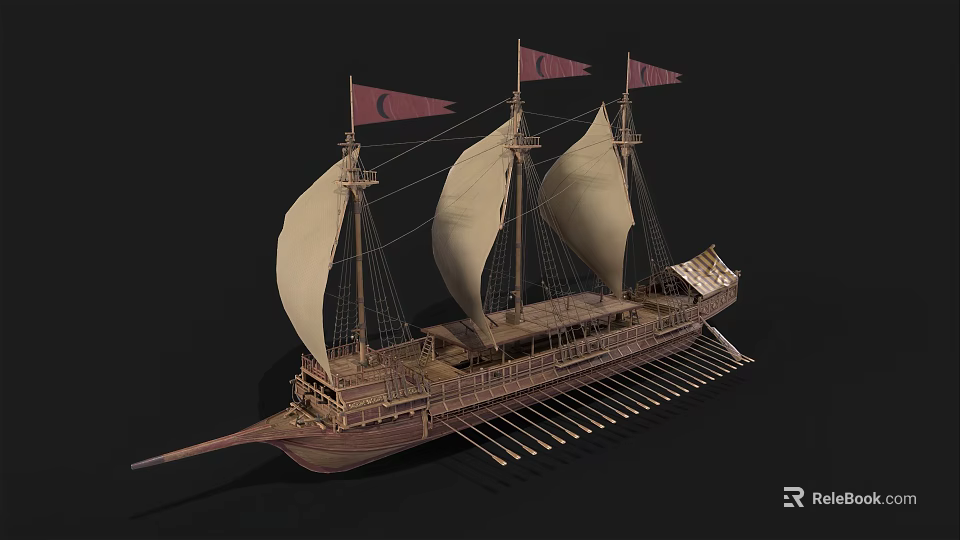 Ancient Wooden Sailing Ship With Three Masts Beige Sails Red Flags And Side Oars 3d model 