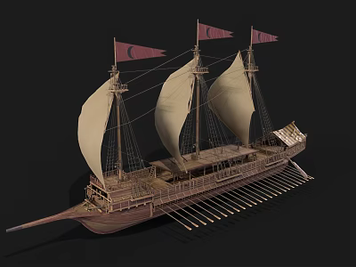 Ancient Wooden Sailing Ship With Three Masts Beige Sails Red Flags And Side Oars 3d model