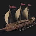 Ancient Wooden Sailing Ship With Three Masts Beige Sails Red Flags And Side Oars