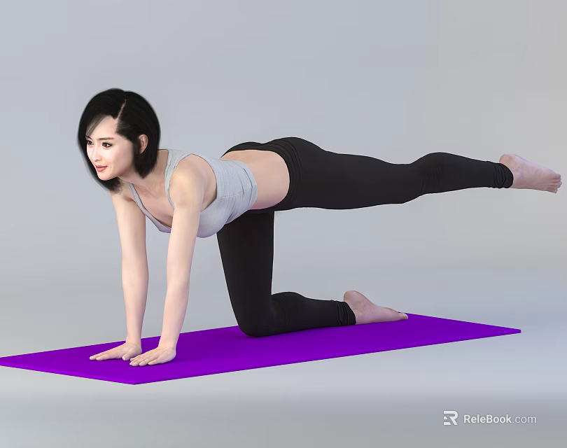 Woman Practicing Yoga On Purple Mat Doing Single Leg Stretch Exercise 3d model 