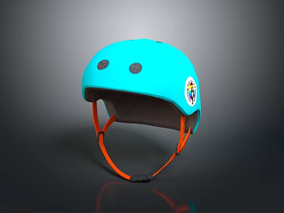 Blue Protective Helmet With Orange Straps And Colorful Sticker Design 3d model