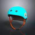 Blue Protective Helmet With Orange Straps And Colorful Sticker Design
