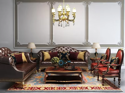 Classical Leather Sofa Coffee Table Set with Armchairs Carved Wall Panels and Chandelier 3d model
