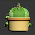 Game Movie Character Green Cactus Cat With Pink Ear Flowers In Yellow Pot Long Tail