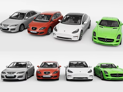 Various Colored Cars Display Including Sedan Sports Car And Hatchback Models 3d model