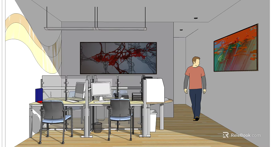 Modern Public Office Area With Workstations Computers Decorative Paintings And Wooden Flooring 3d model 