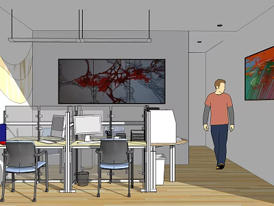 Modern Public Office Area With Workstations Computers Decorative Paintings And Wooden Flooring 3d model