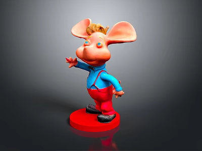 Cartoon Pig Character With Big Ears Golden Hair Blue Shirt Red Pants And Red Base 3d model