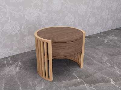 Round Wooden Bedside Table with Minimalist Design Walnut Finish and Wooden Frame 3d model
