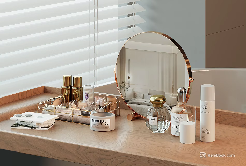 Elegant Wooden Vanity Table Displaying Perfumes And Cosmetics With Round Mirror And Various Bottles 3d model 