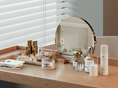 Elegant Wooden Vanity Table Displaying Perfumes And Cosmetics With Round Mirror And Various Bottles 3d model