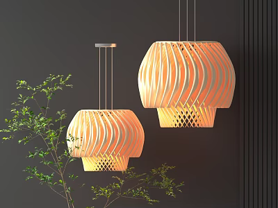 Modern Wooden Striped Pendant Lights With Glowing Effect In Dark Wall Interior And Green Plant 3d model