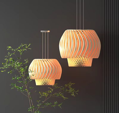 Modern Wooden Striped Pendant Lights With Glowing Effect In Dark Wall Interior And Green Plant 3d model