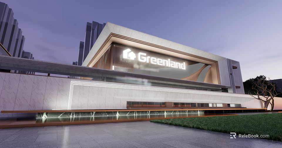 Greenland Modern Storefront Design With Glass Facade Illuminated Logo Water Feature And Lawn 3d model 